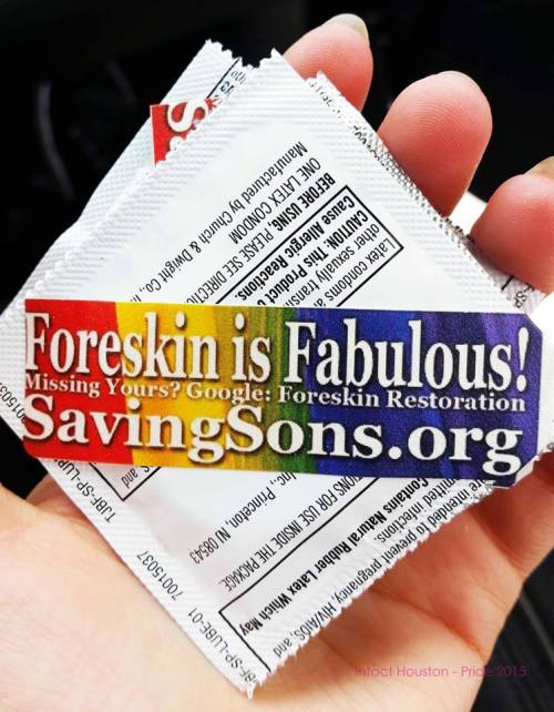 The most popular item we handed out -- condom with this sticker (which mentions fabulous foreskin and restoration) on the back...
